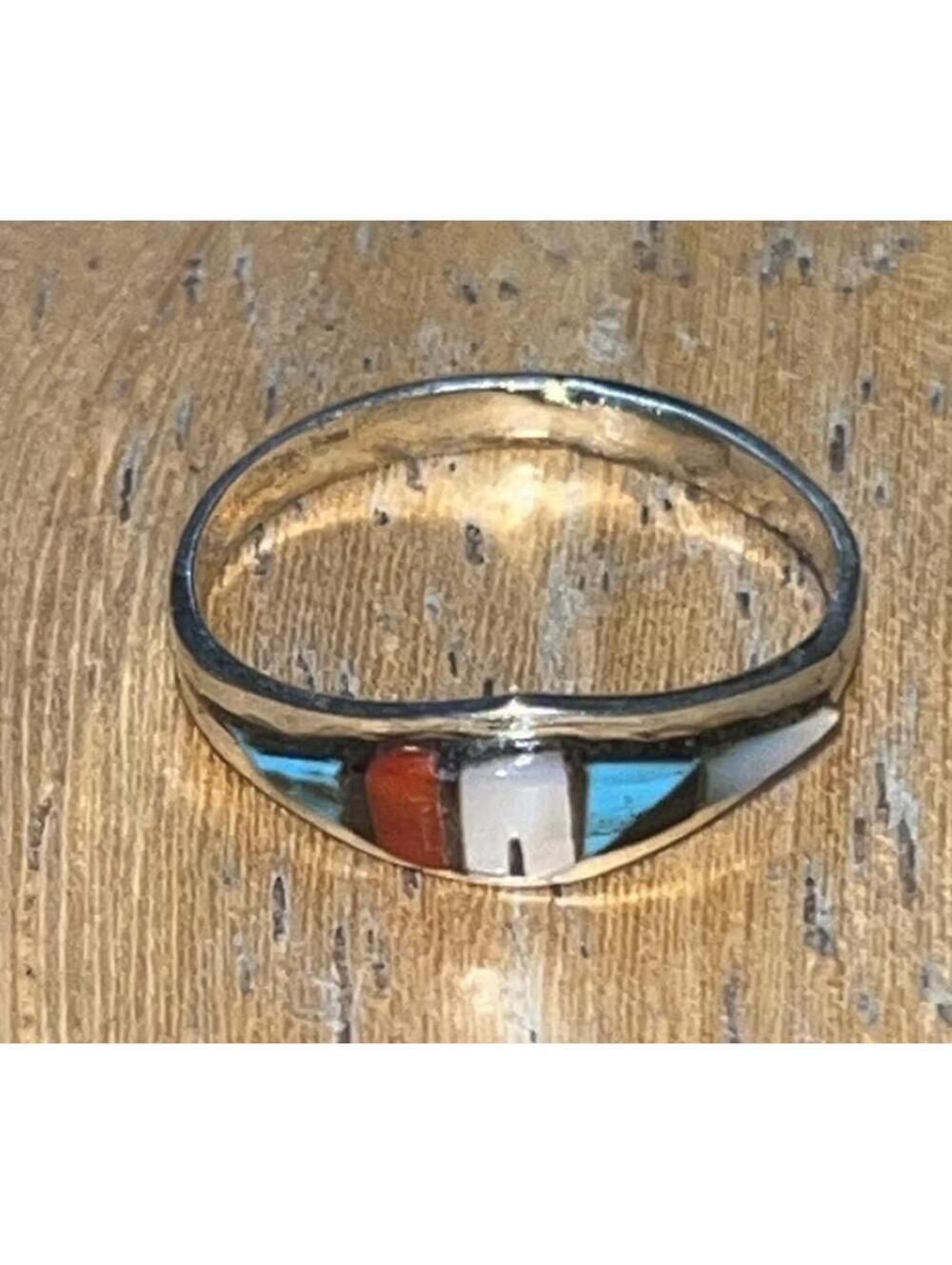 Zuni sterling silver turquoise coral inlay traditional ring size 6.5